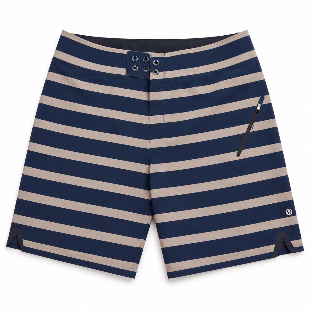Lululemon Mens Striped Board Shorts Navy Blue Tan Swim Trunks Size 36‎ No String